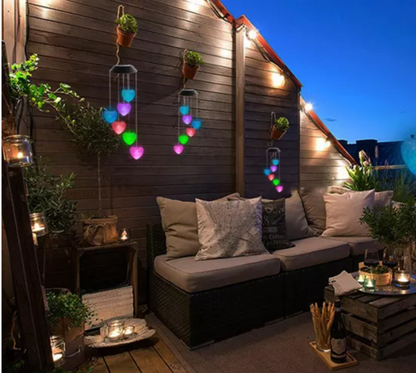 Zonne-energie lamp Hartjes. Zonnebatterij hanglamp. Hartjes versiering nachtlamp met zonnebatterij, solar lamp