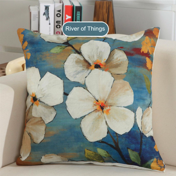 Kussenhoes blauw met witte bloesem. Decoratieve kussensloop blauw. Sierkussenhoes bloemen 45x45 Stijl 2