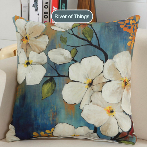 Kussenhoes blauw met witte bloesem. Decoratieve kussensloop blauw. Sierkussenhoes bloemen 45x45 Stijl 1