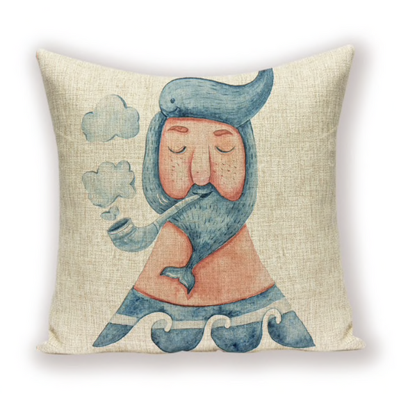 Kussenhoes Creme met blauw. Grappige kussenhoes zee theme. Decoratieve kussensloop creme, blauw. Sierkussenhoes grappige zeeman 45x45