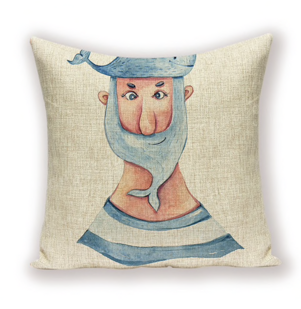 Kussenhoes Creme met blauwe tekening. Decoratieve kussensloop creme, blauw. Sierkussenhoes grappige zeeman 45x45 stijl 2