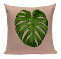 Kussenhoes roze, groen. Decoratieve kussensloop tropische bladeren. Sierkussenhoes tropische planten 45x45 stijl 2