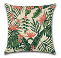 Tropische Planten kussensloop. Sierkussenhoes groene bladeren en roze bloemen 45x45